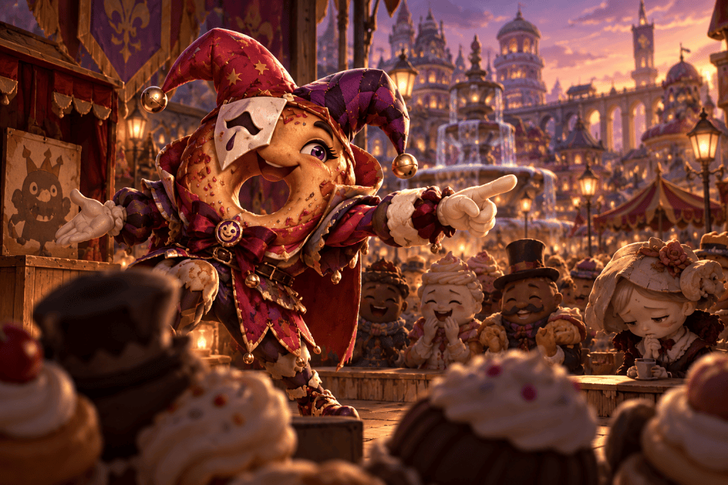 Quipp Nougat performing for a dessert crowd in Pastrypolis at dusk.