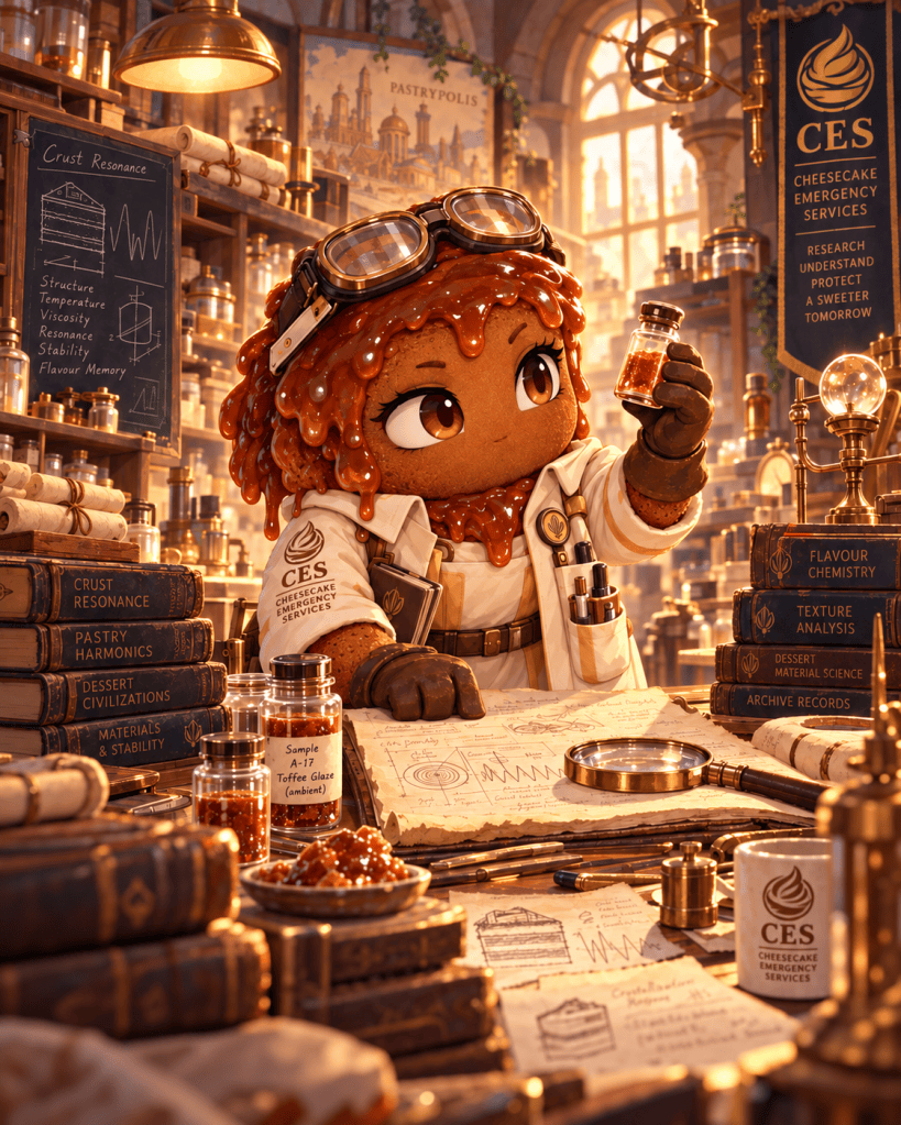 Dr. Mara Toffel examining a toffee-glaze sample in a warm CES research archive. CES stands for Cheesecake Emergency Services.