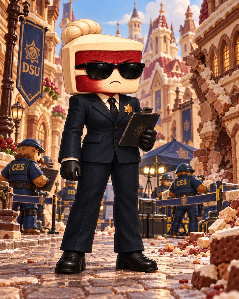 A layered red velvet cake with cream frosting, a piped frosting bun, dark sunglasses, a dark command suit, and black gloves.