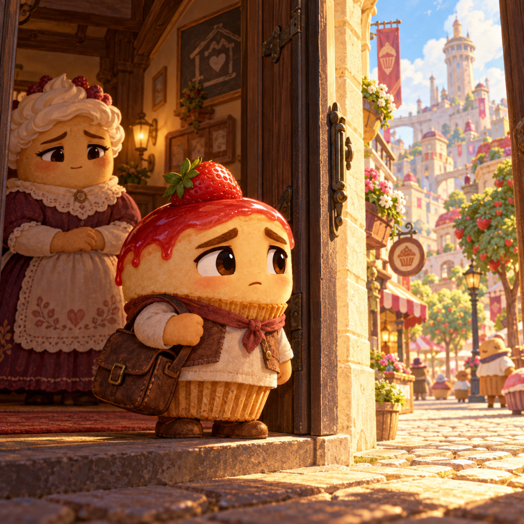 The little cheesecake leaves the children's home with his satchel as the matron watches.