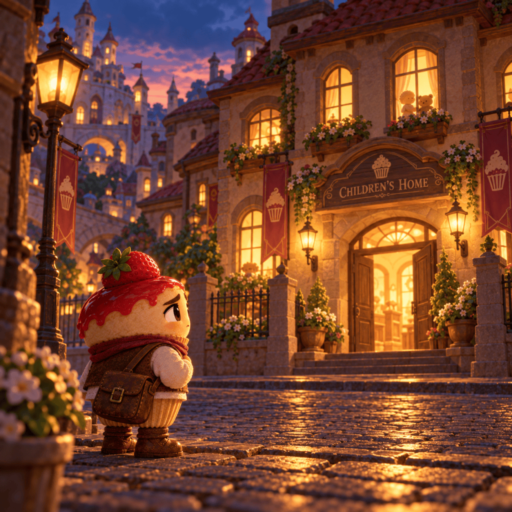 The little cheesecake looks back at the warmly lit children's home at dusk.