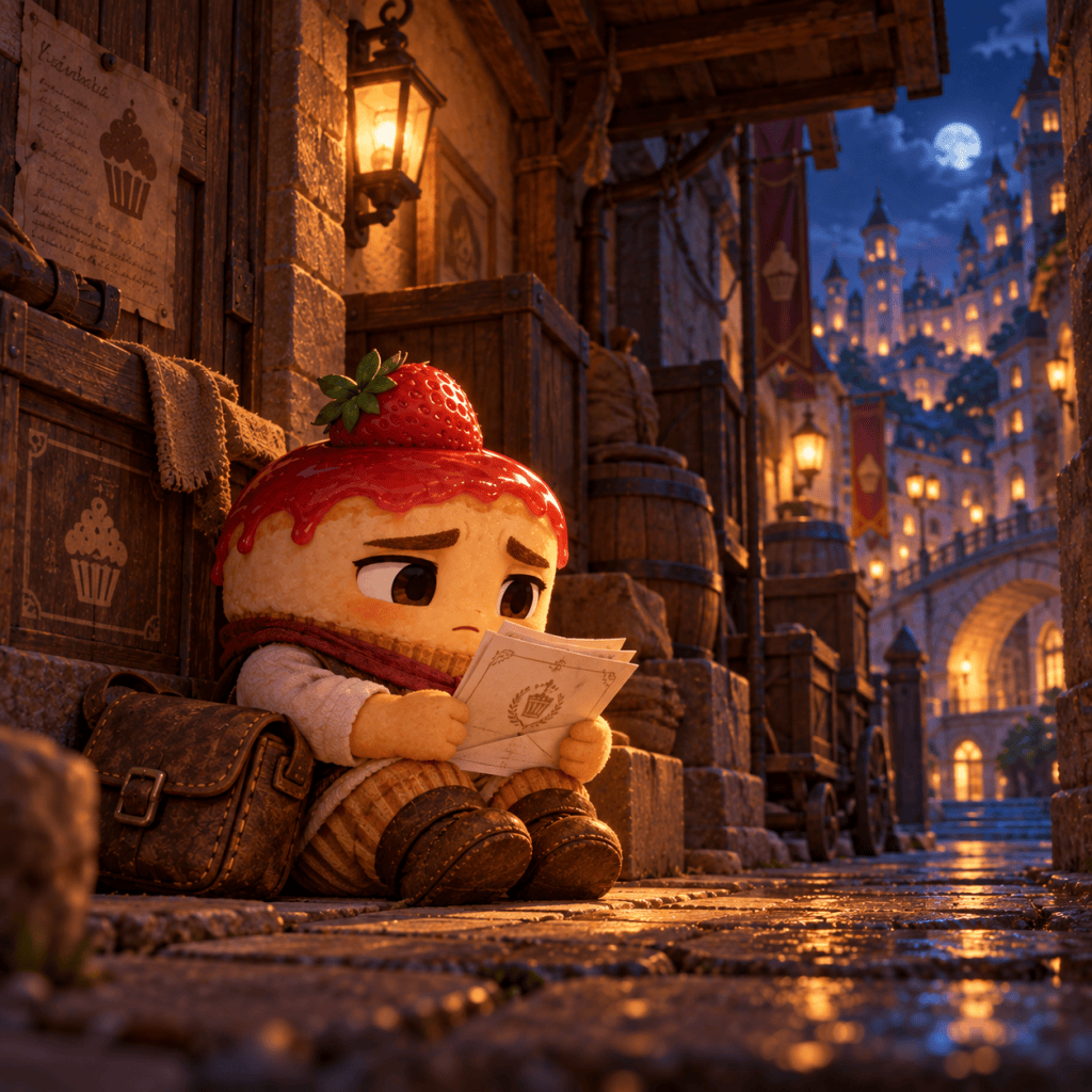 The little cheesecake sits beneath a workshop awning at night, reading his papers beside his satchel.