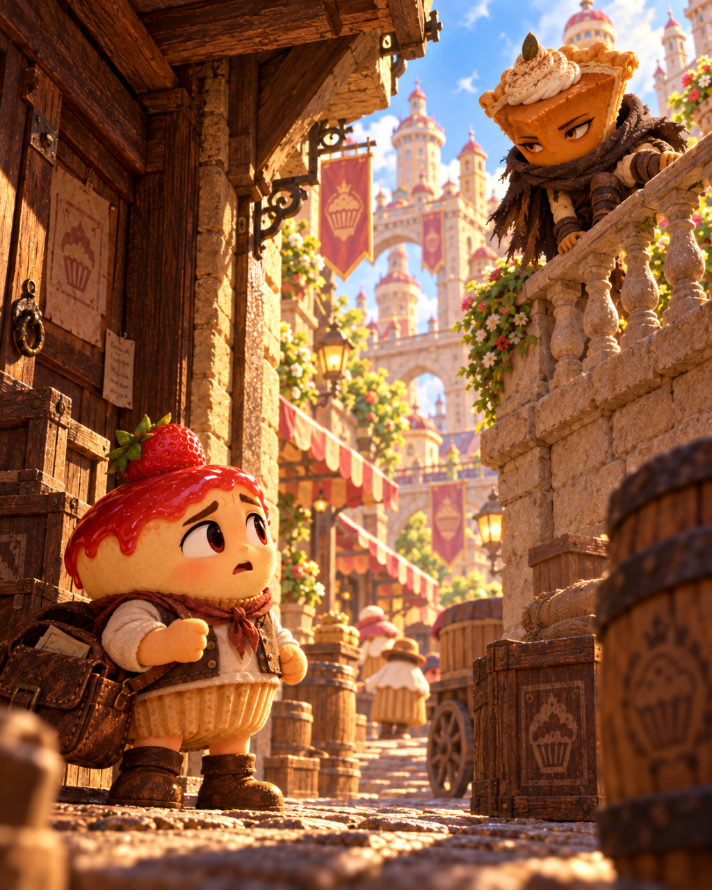 A pumpkin-pie stranger watches the little cheesecake from a stone railing.