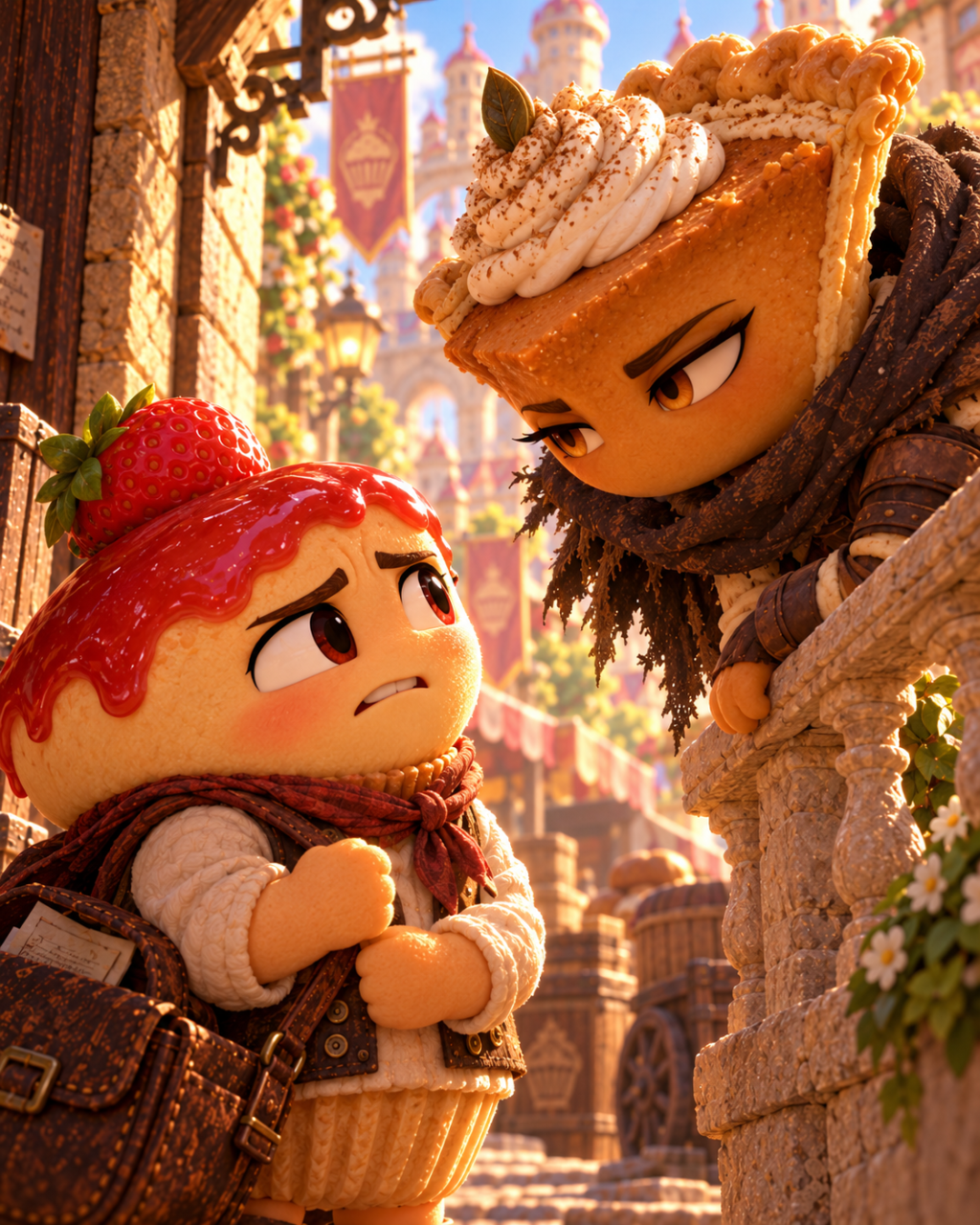 The pumpkin-pie stranger leans close as the little cheesecake clutches his satchel strap.