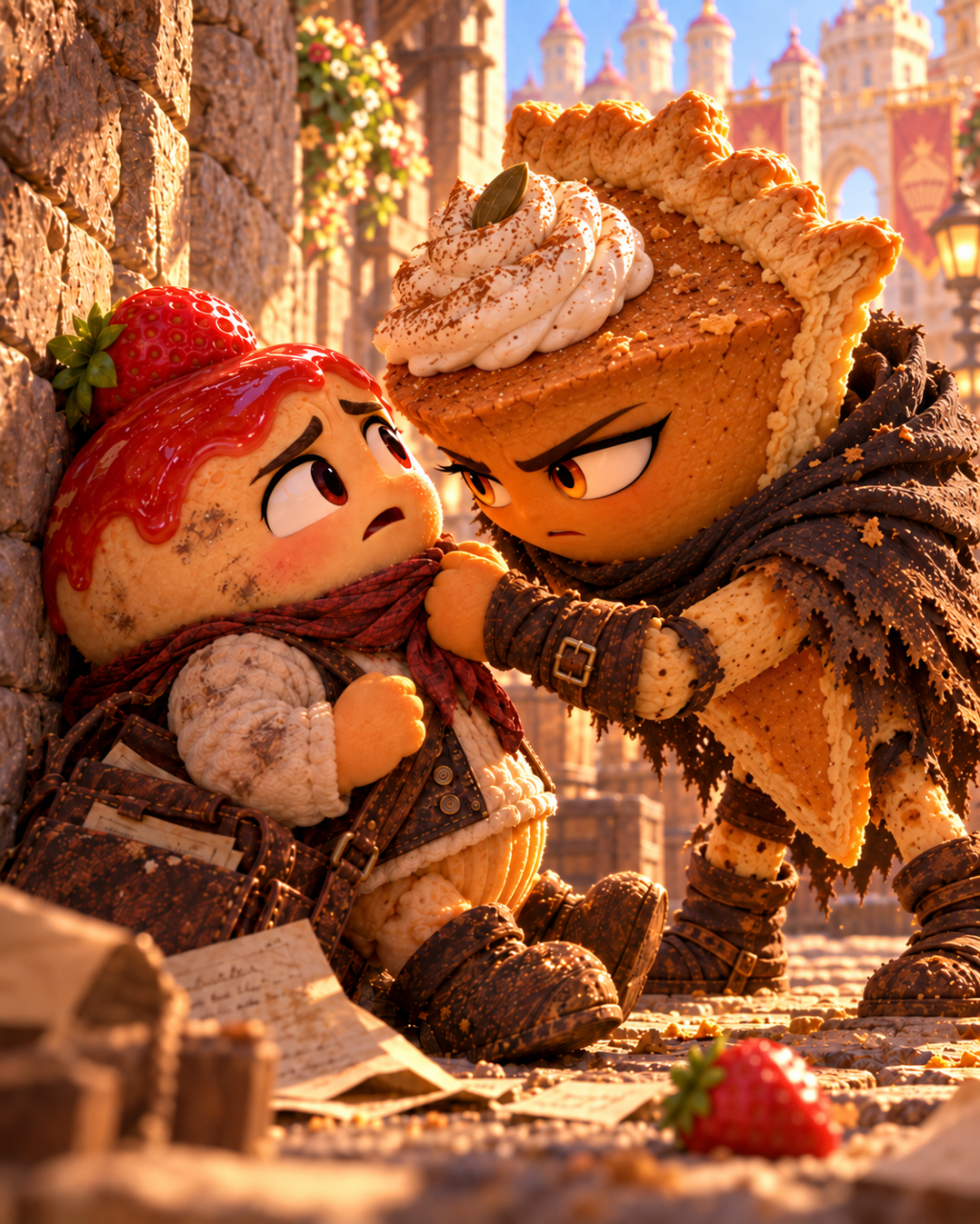 The pumpkin-pie stranger holds the little cheesecake against a wall, with his papers and strawberry scattered below.