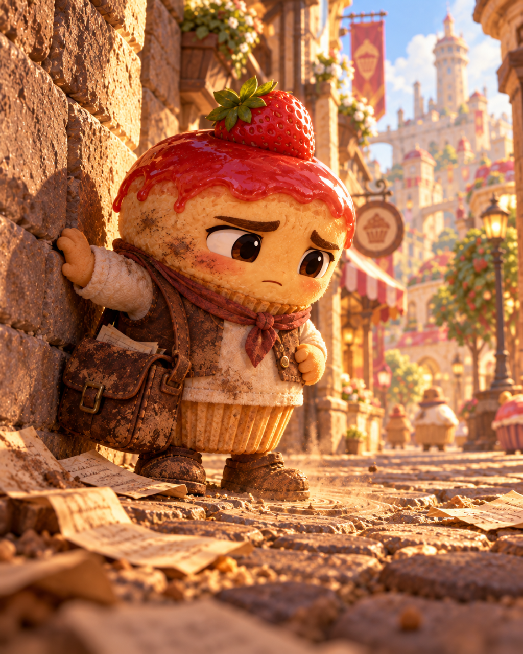 The little cheesecake steadies himself against a wall after standing up, surrounded by his scattered papers.