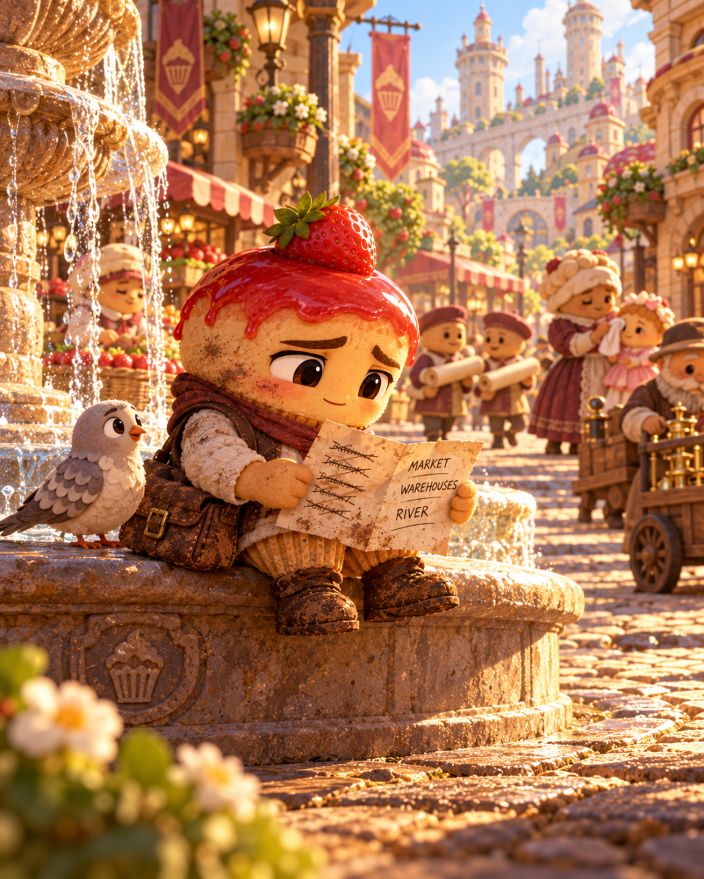 The little cheesecake sits beside a sugarbird on a fountain rim, reviewing his list of places to seek work.