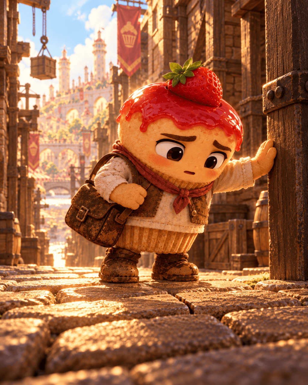 The little cheesecake steadies himself against a post and looks down at cracked cobblestones.