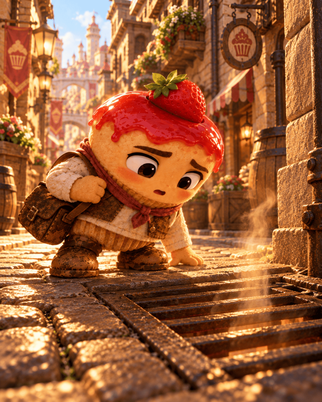 The little cheesecake crouches beside an iron street grate with warm air rising from below.