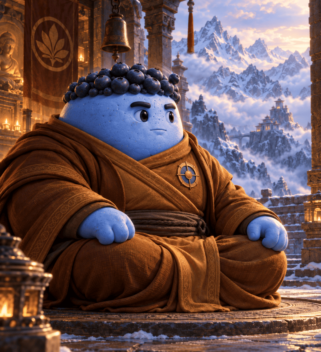 Blue Bulk sits in meditation at a snowy mountain monastery, his eyes open as he senses a distant disturbance.
