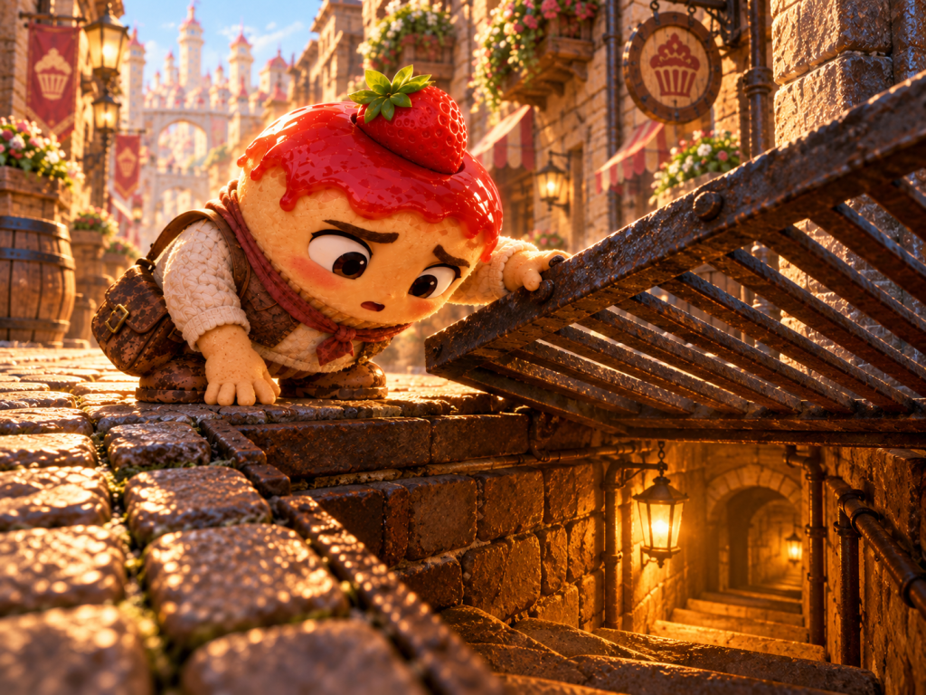 The little cheesecake lifts an iron street grate and looks down into an amber-lit stairway.