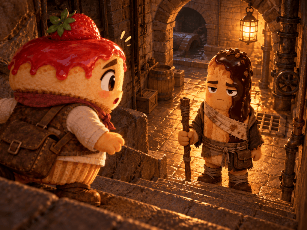 The little cheesecake meets a bandaged éclair holding a wooden staff at the foot of the underground stairs.
