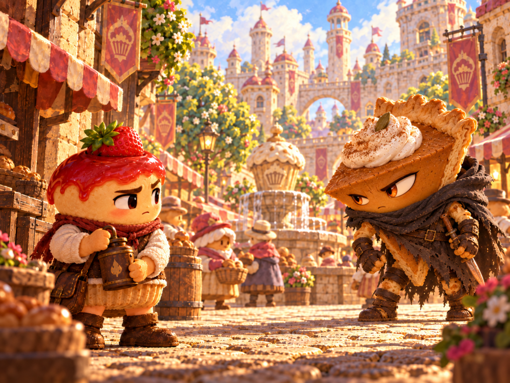 The little cheesecake meets Slice in a public square while carrying a lamp-oil tin.