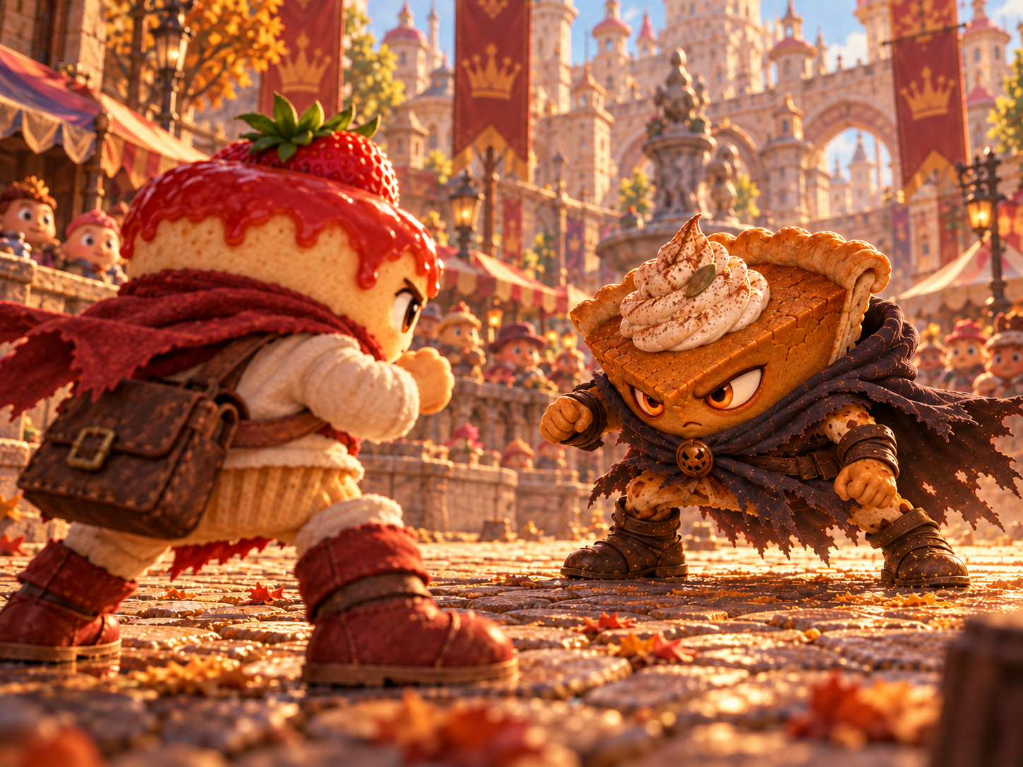 Strawbrawler and Slice face each other unarmed in the crowded square.