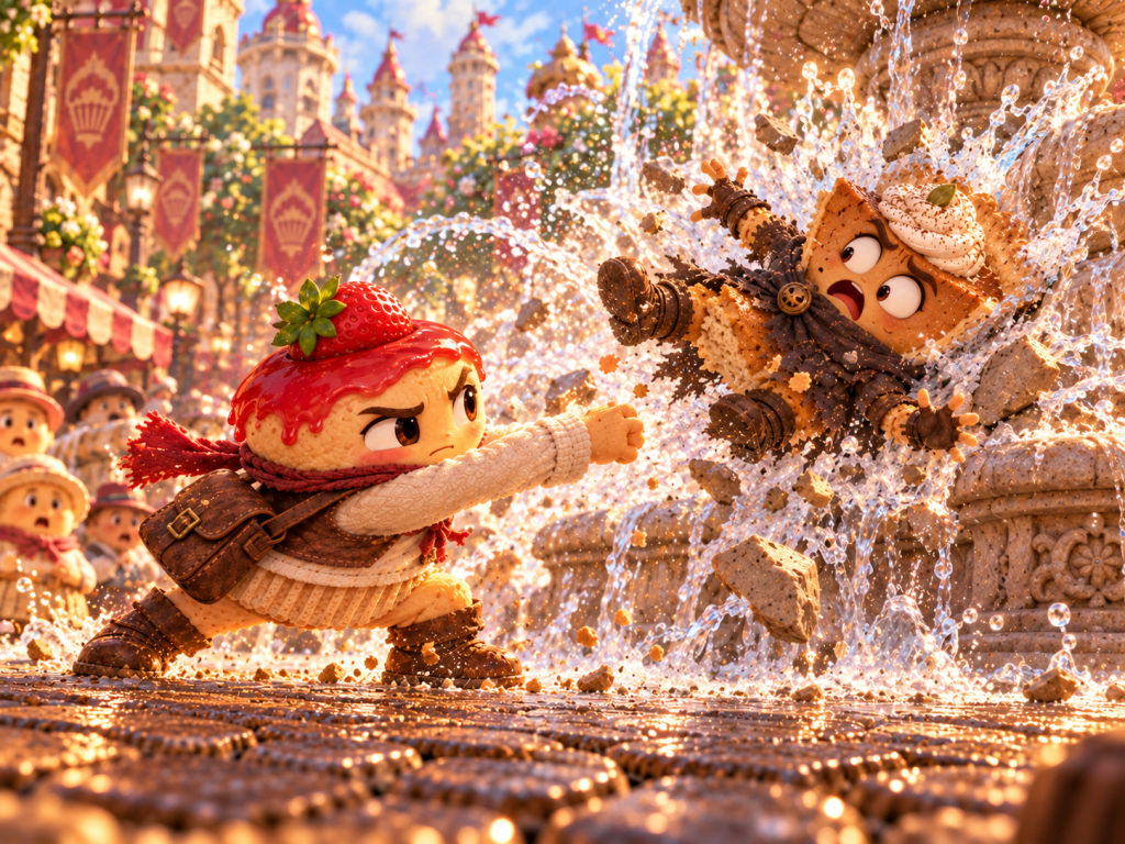 Slice crashes into the fountain as water and broken stone burst across the square.