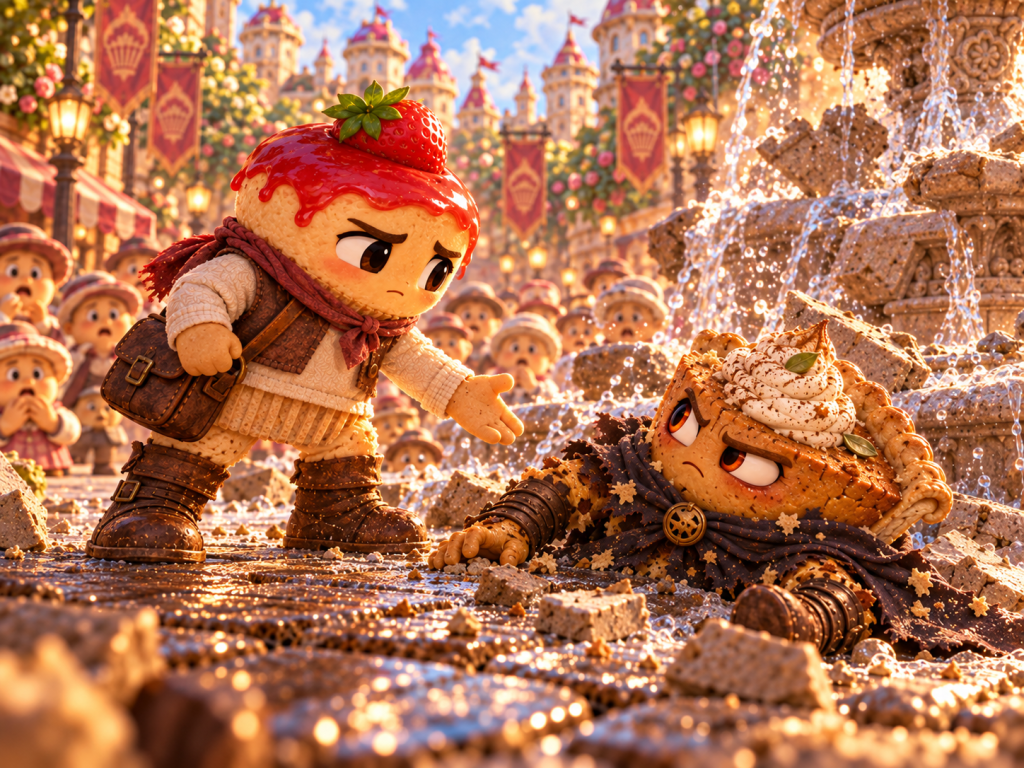 The little cheesecake offers his hand to Slice after their fight beside the fountain.