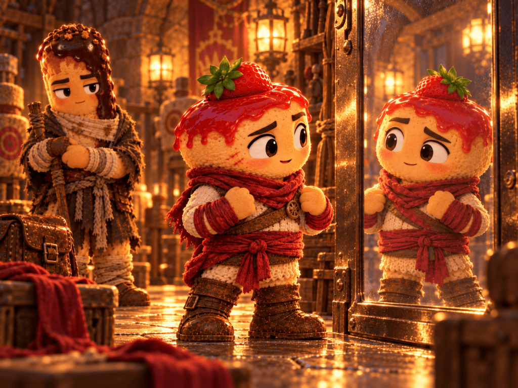 Strawbrawler looks at his reflection wearing his new red wraps while Éclair stands behind him.