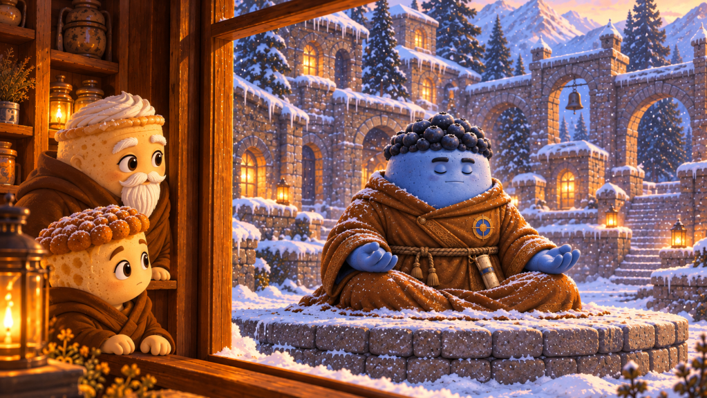 Blue Bulk meditates in a snowy monastery courtyard while two monks watch from a warm window.