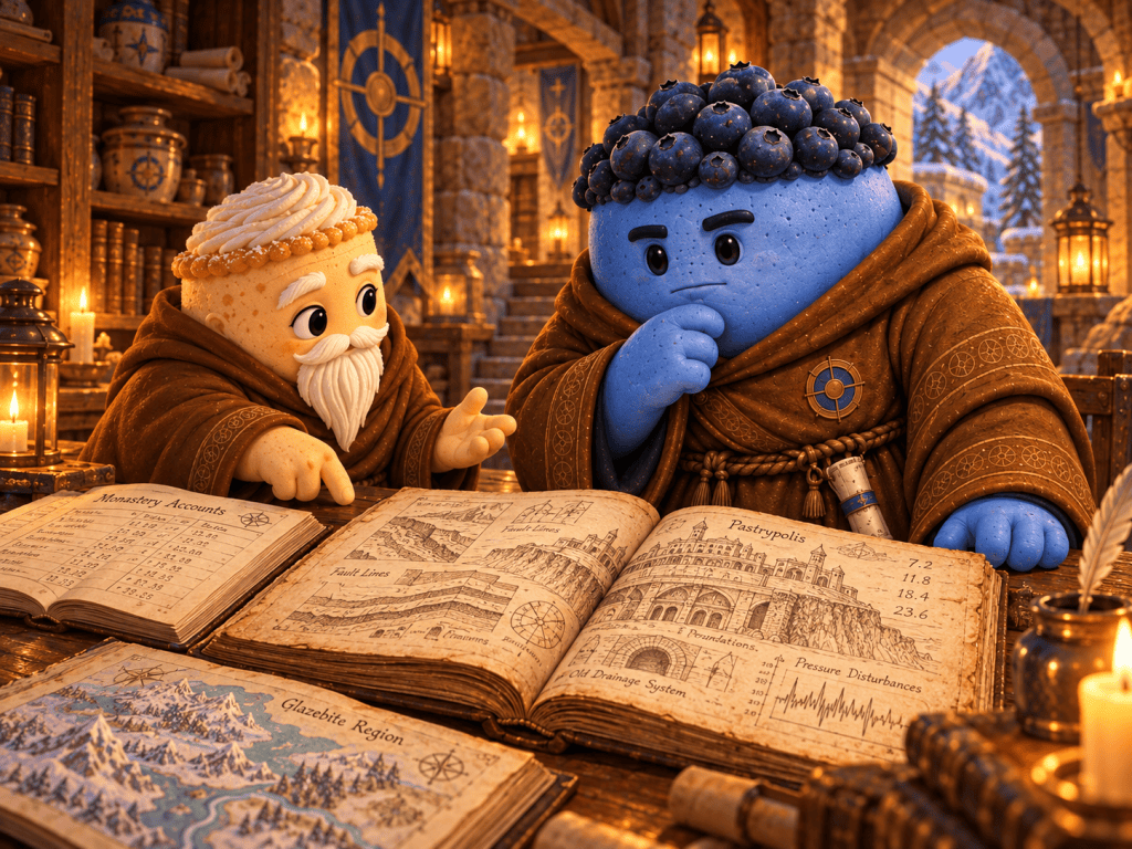 Blue Bulk and the elder monk study open records, mountain maps, and drawings of Pastrypolis in the monastery.