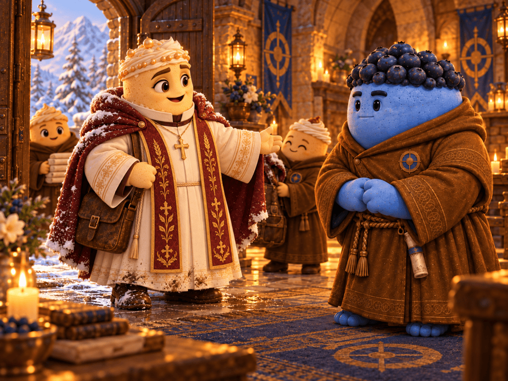 Father Cuvée greets Blue Bulk in the monastery receiving hall, with snowy mountains beyond the doorway.