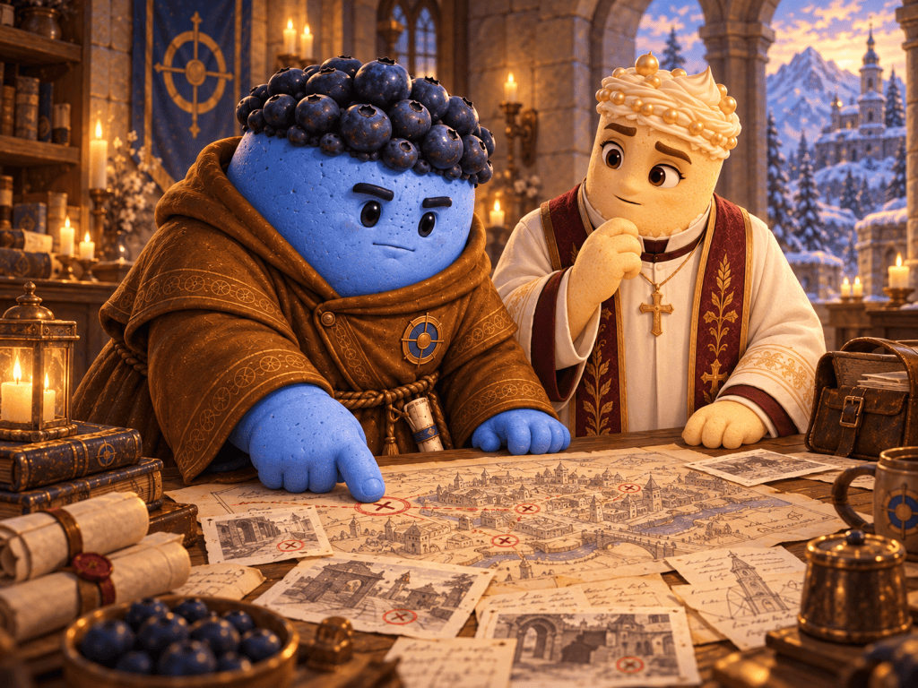 Blue Bulk points to marked locations on a city diagram while Father Cuvée studies the reports beside him.