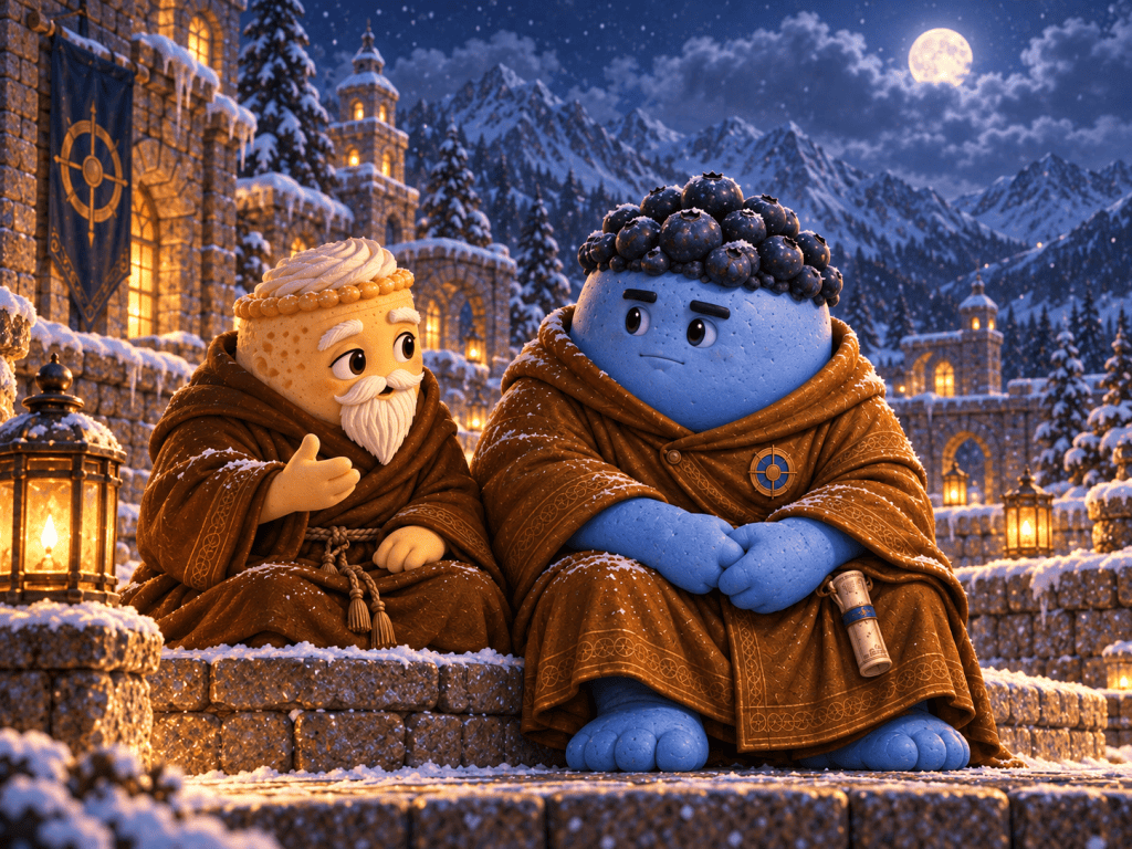 Blue Bulk and the elder monk sit together in the snowy courtyard beneath the moon.