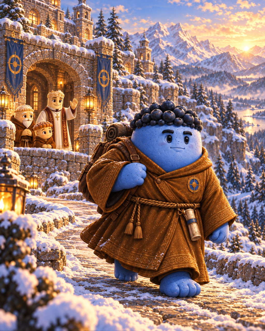 Blue Bulk sets out from the snow-covered monastery as Father Cuvée and the monks see him off.