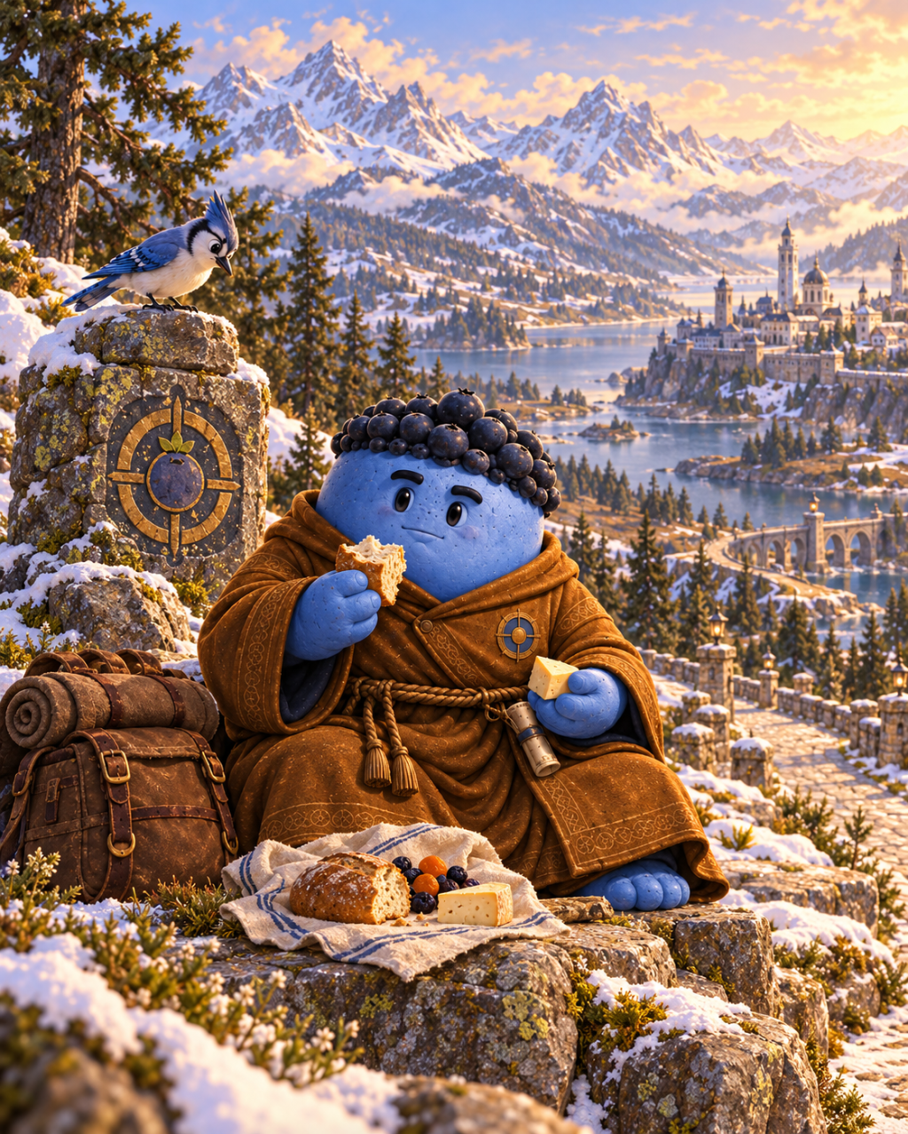 Blue Bulk eats beside a carved mountain marker while a bird watches his bread.