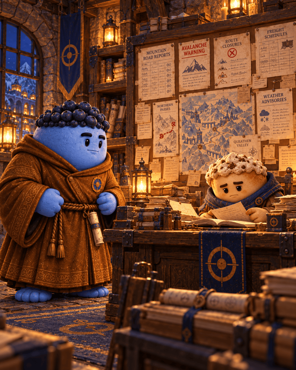 Blue Bulk asks a clerk about ground movements in Qualden's route office.