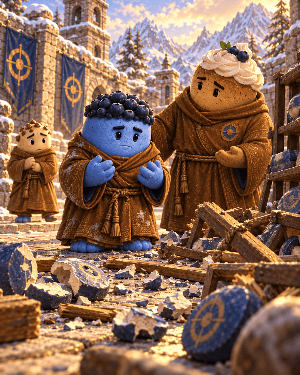 A younger Blue Bulk and his teacher stand among broken training equipment.