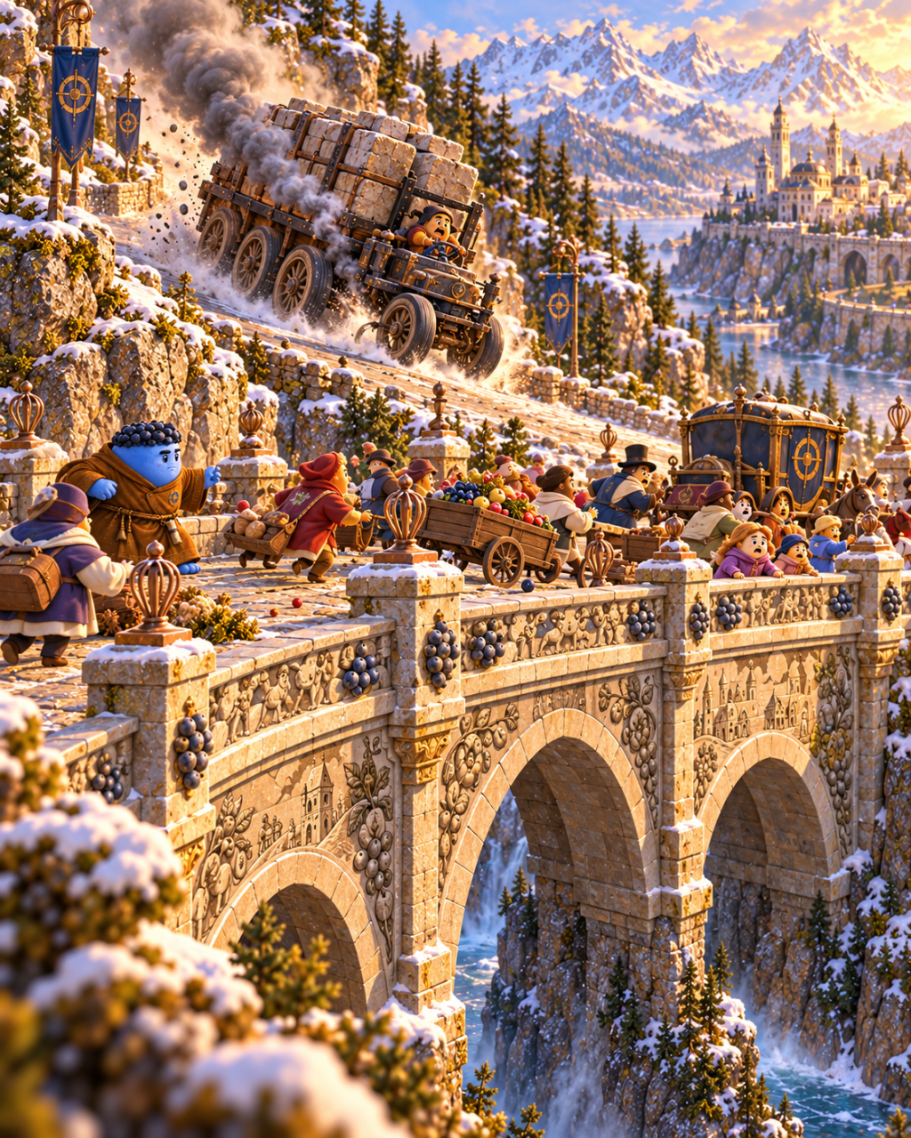 A runaway freight hauler descends toward travelers on the ornate mountain bridge.