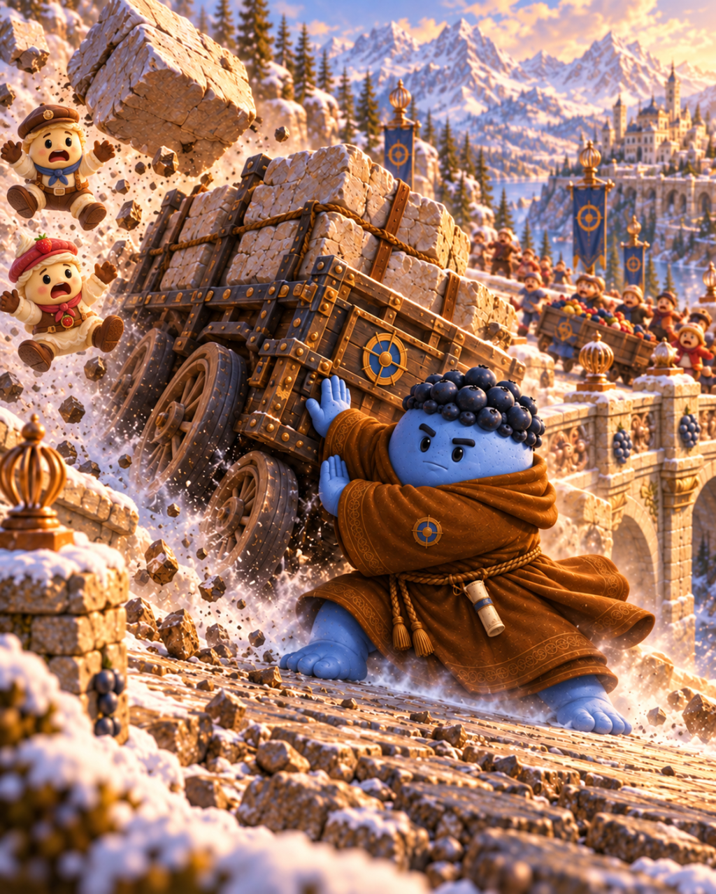 Blue Bulk redirects a heavy freight hauler while two pastry workers leap away from a falling stone block.