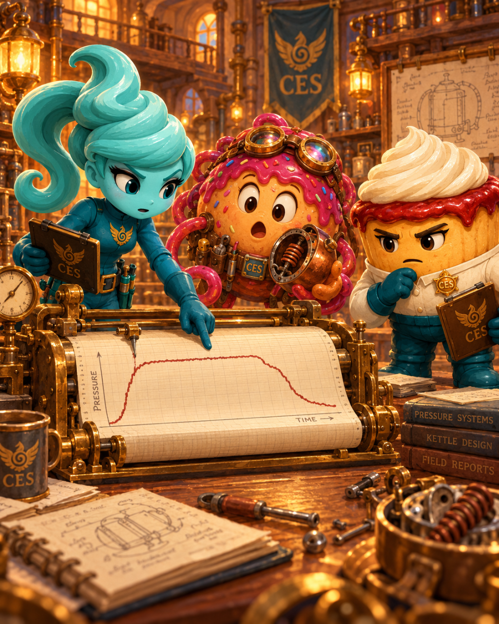 Whip Siren, Glazey Dave and Captain Crumble examine a chart at CES headquarters.