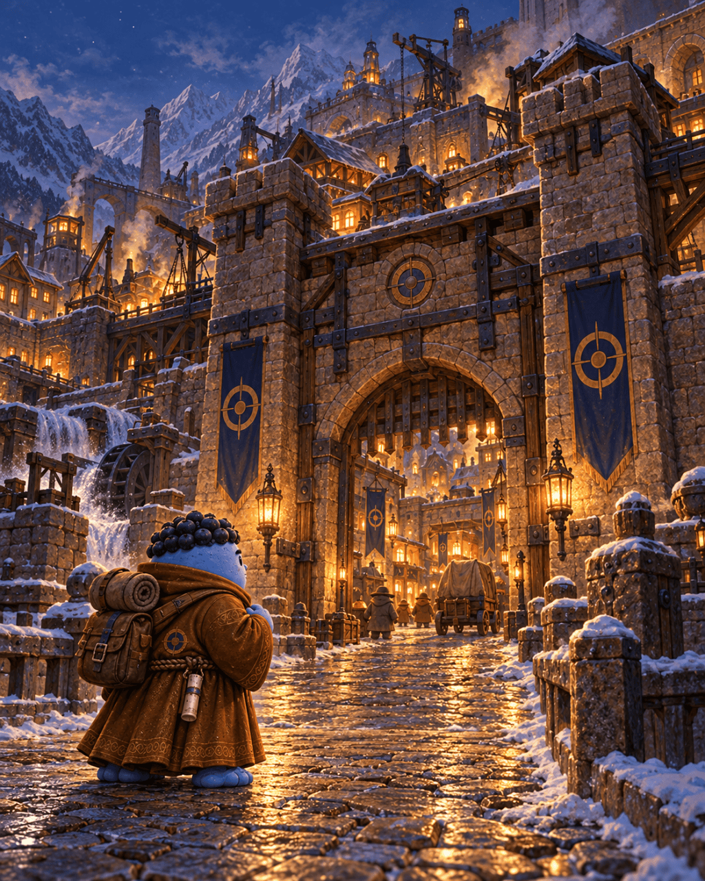 Blue Bulk approaches Qualden's illuminated Stone Gate after dark.
