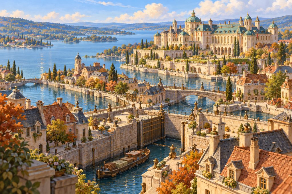 Caldrienne's lakeside cityscape, civic buildings and waterways.