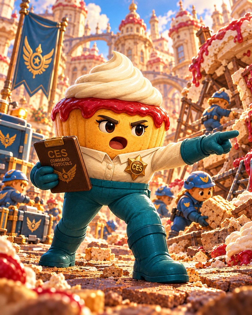 A golden cheesecake cupcake with red glaze, a cream swirl, and practical command clothing, trousers, gloves, and boots.