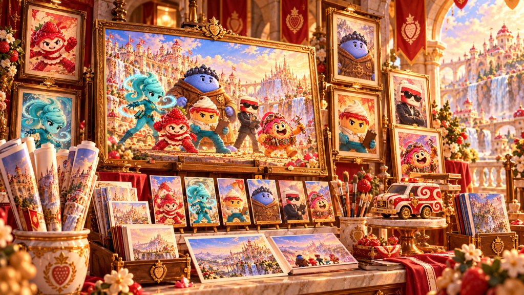 A gallery display of Cheesecake Emergency Services character art, prints, books, and Swirl Unit memorabilia.