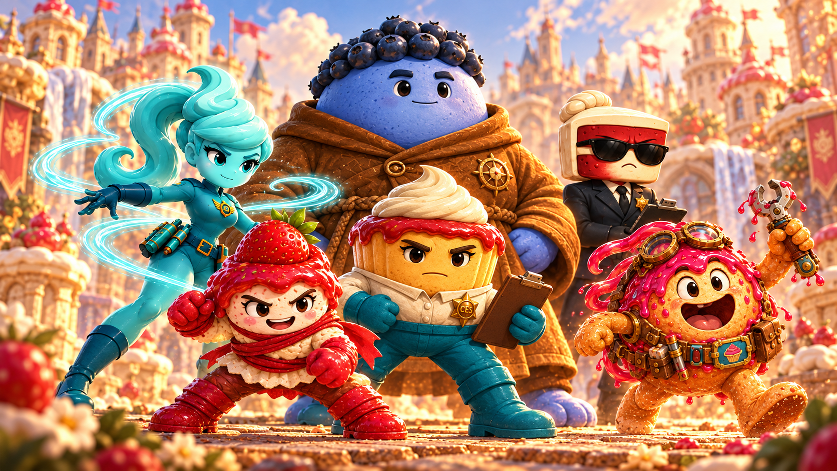 The core Cheesecake Emergency Services cast posed together in Pastrypolis.