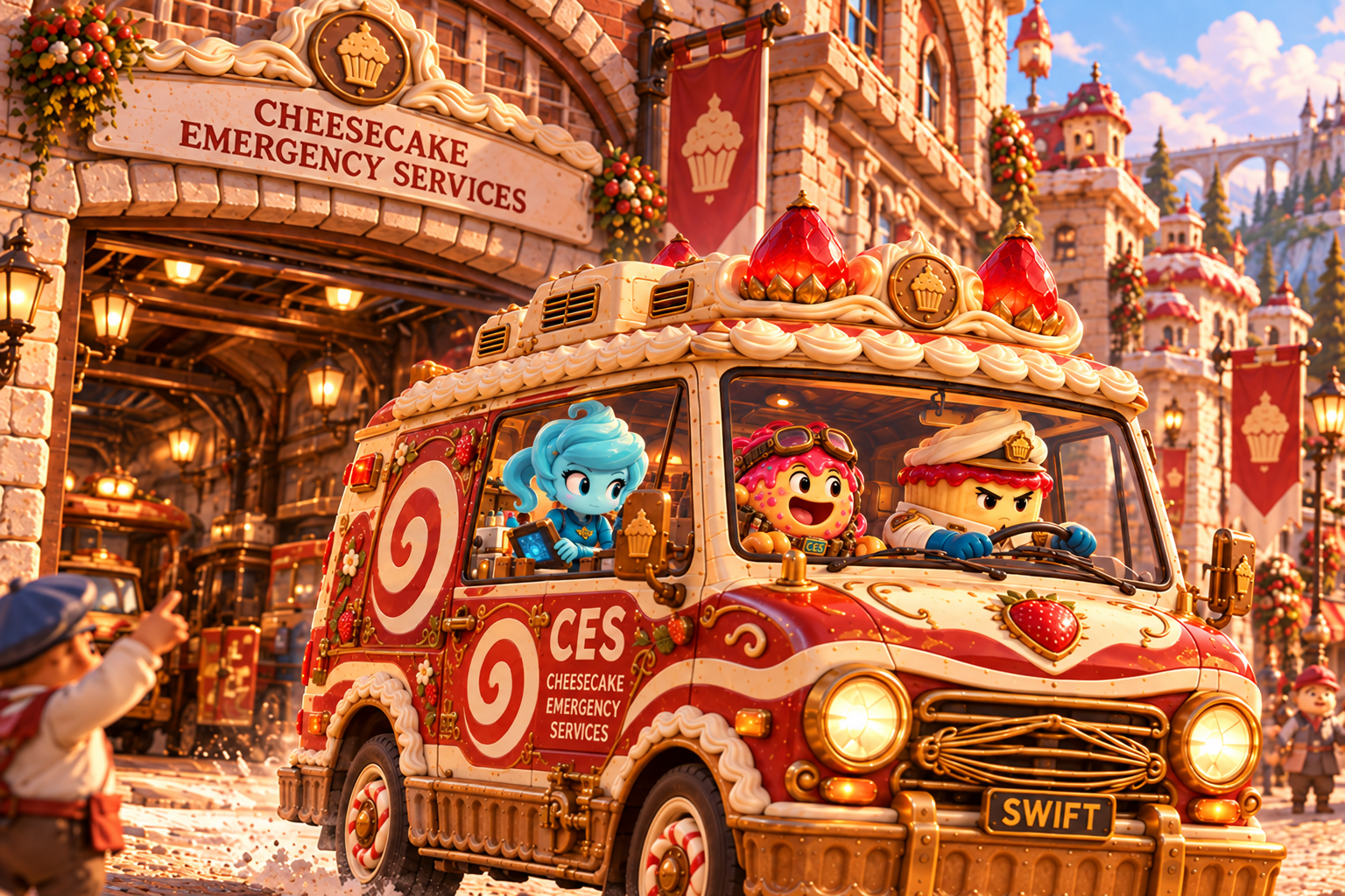 Captain Crumble drives the Swirl Swift through Pastrypolis with Dave and Whip aboard.