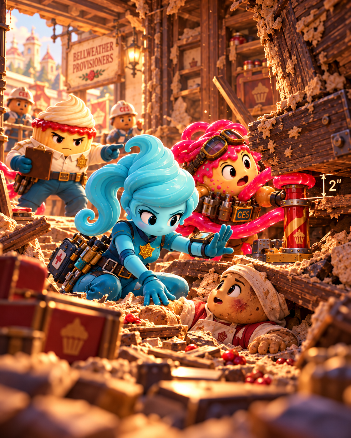 Whip reaches a trapped pastry worker while Dave and Crumble assist.
