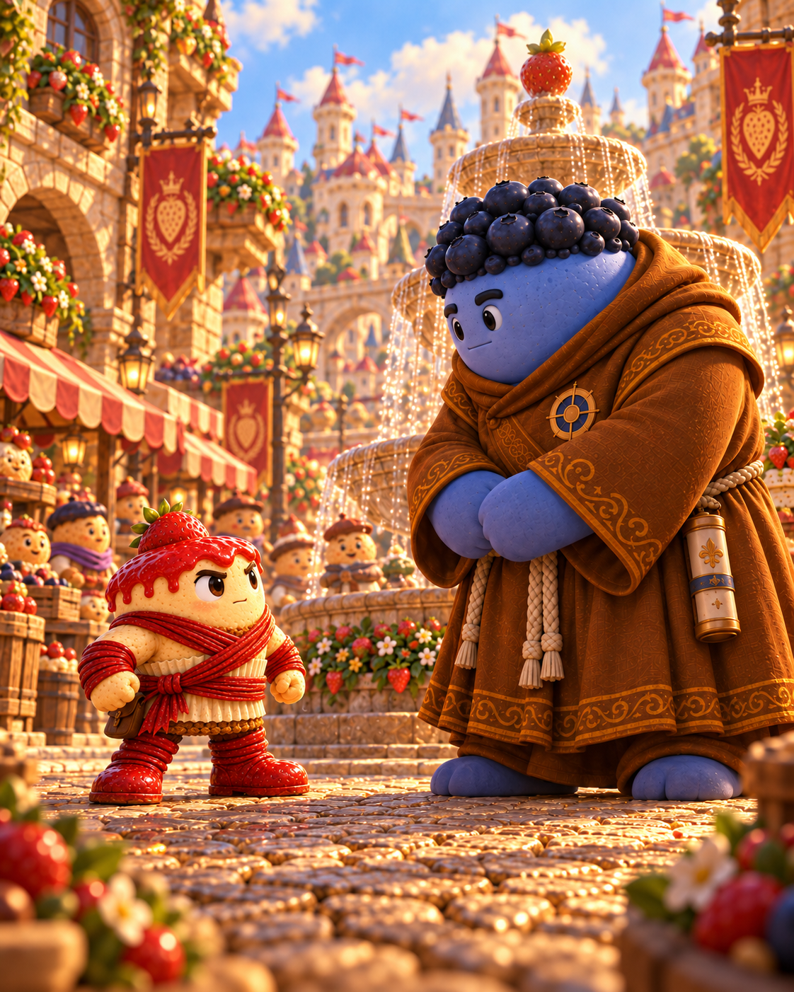 Strawbrawler confronts Blue Bulk beside a fountain.