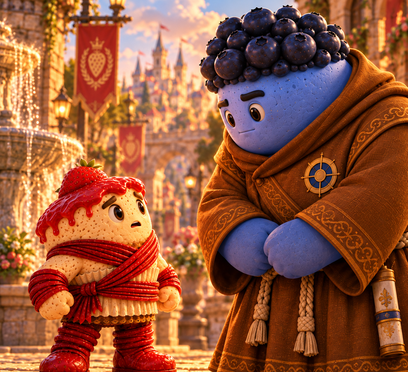 Strawbrawler looks up at Blue Bulk during their first conversation.