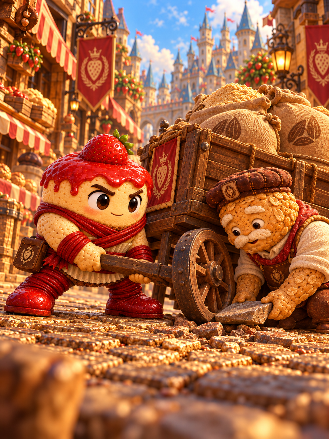Strawbrawler lifts a handcart while an elderly oat biscuit frees its wheel.