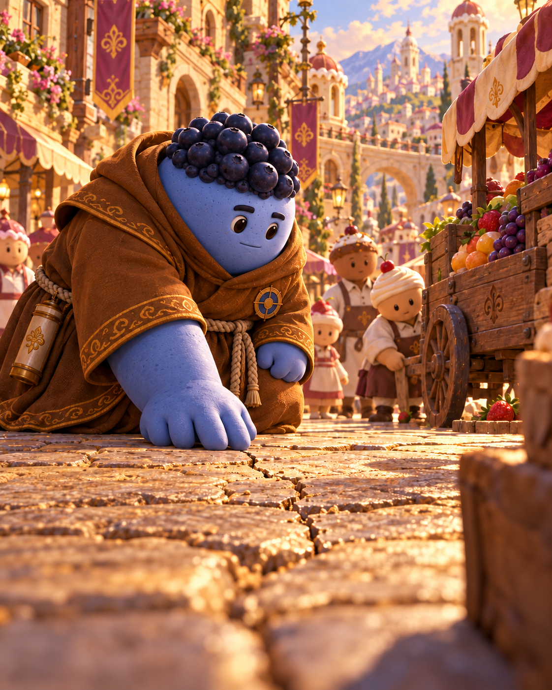 Blue Bulk kneels to examine the warm crack left in the paving.