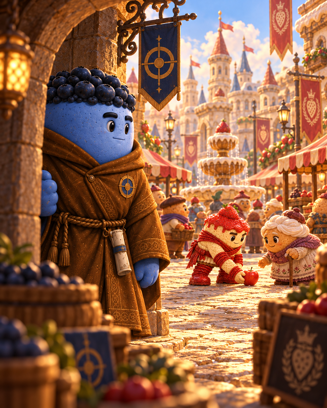 Blue Bulk watches Strawbrawler helping a pastry in the market.