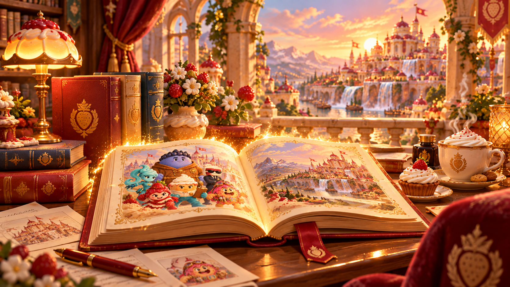 An open illustrated Cheesecake Chronicles storybook on a warmly lit desk overlooking Pastrypolis.