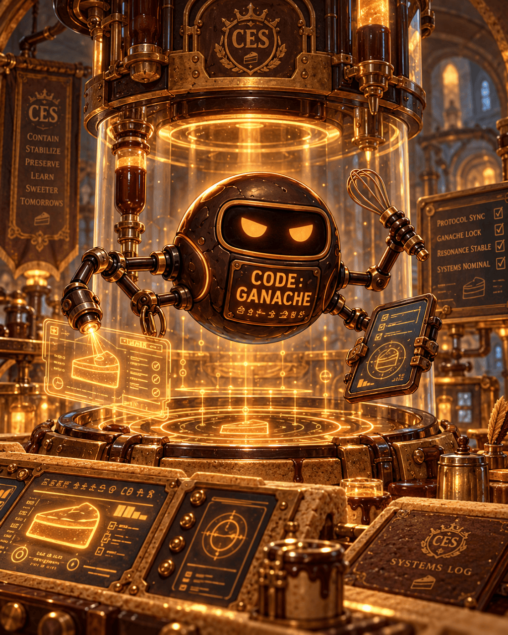 Code Ganache hovering in a handcrafted CES containment laboratory.