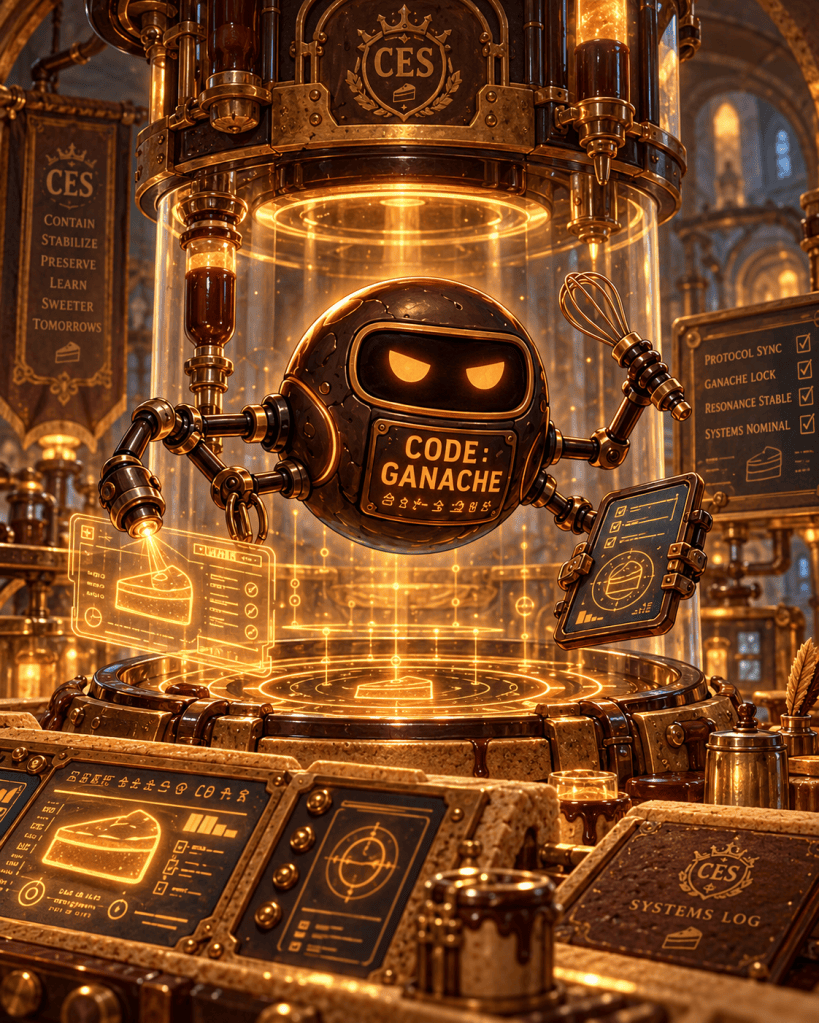 Code Ganache hovering in a handcrafted CES containment laboratory.