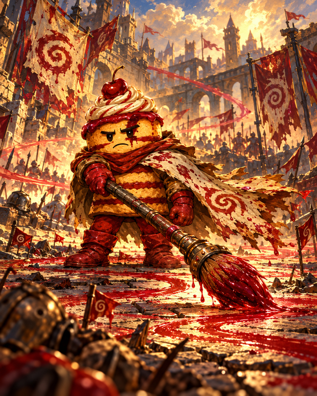 Crimbrush Dulcet using his enormous cherry-glaze battle brush on a painted battlefield.