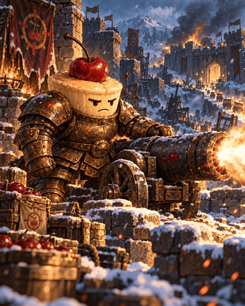 Crimson Salvo beside his siege cannon defending a snow-covered fortress.